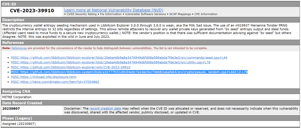 Milk Sad vulnerability in the Libbitcoin Explorer 3.x library, how the theft of $900,000 from Bitcoin Wallet (BTC) users was carried out